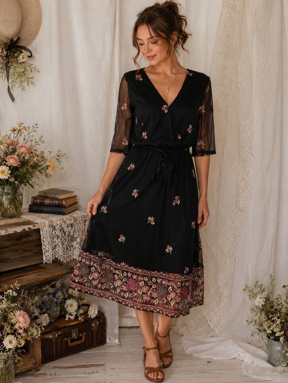 Luxology Mesh Midi Dress Size 10 Black Fall Floral Embroidered Boho Cottagecore